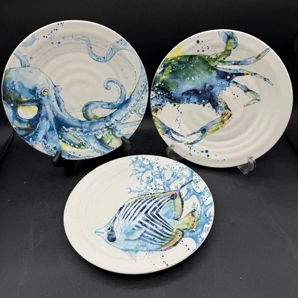 Pier 1‎ Sea Life Ocean Set of 3 Salad Plates Octopus Crab Angel Fish 8 3/4
