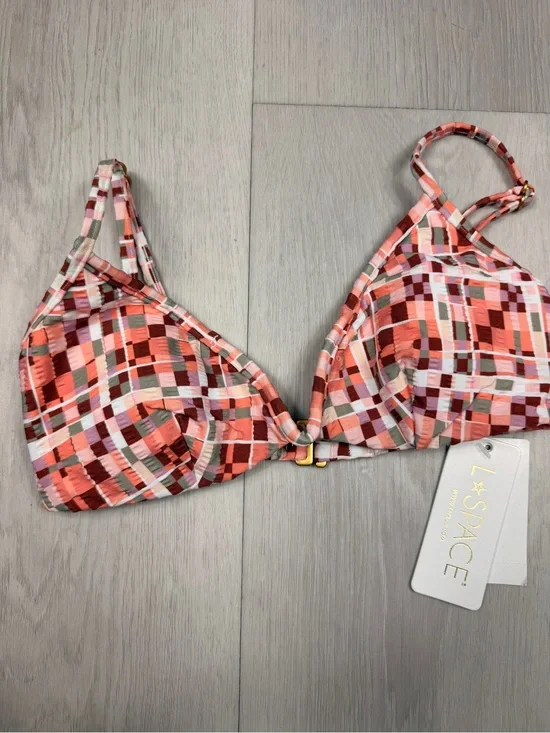 L*Space‎ Helena Bikini Top Plaid Textured Pink Orange XS NWT Swim