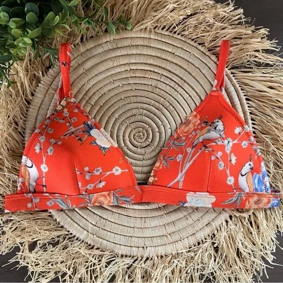 TRIANGL Women's Triangle Bikini Swim Top Orange Parrot Floral Size Small
