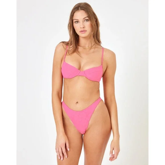 L*Space Missy Top Leilani Bitsy Bottom Bikini Set Cosmic Pink Floral Jacquard S