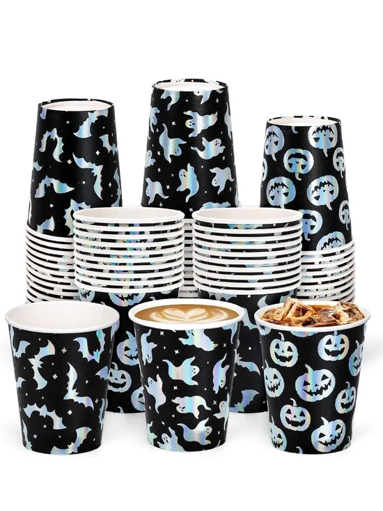 Halloween Ghost Pumpkin Bats Paper Cups - Black Iridescent 60 Set New
