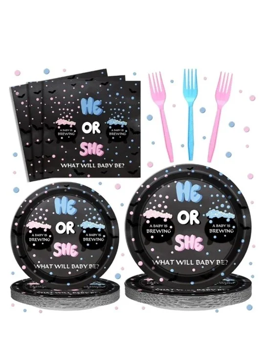 A Baby is Brewing Gender Reveal Party Plates & Napkins Set - Pink & Blue
