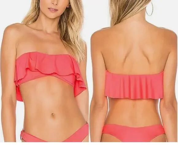 L*SPACE Lynn Bikini Top, Large Coral Pink Strapless Bandeau Style Ruffle Flounce