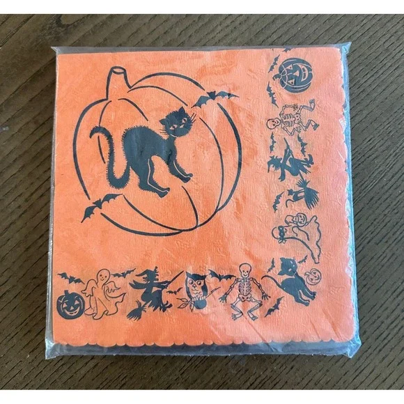 Vintage Festive Halloween Luncheon Napkins Black Cat Pumpkin 20ct Sealed Orange
