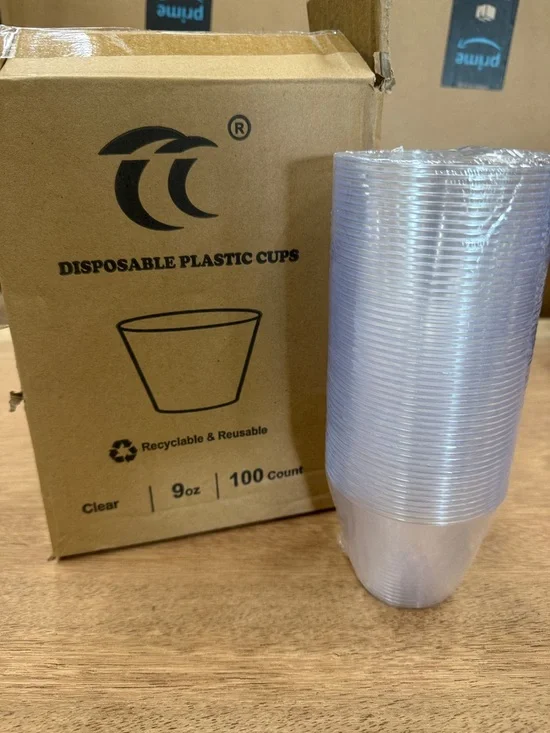Disposable Clear Plastic Cups - 9oz Stackable Party Cups (100‎ Count)