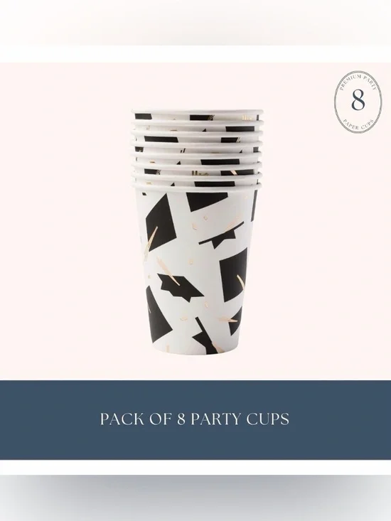 🖍️ Black & White Geometric Disposable Party Cups with Gold Accents - Pack of 8