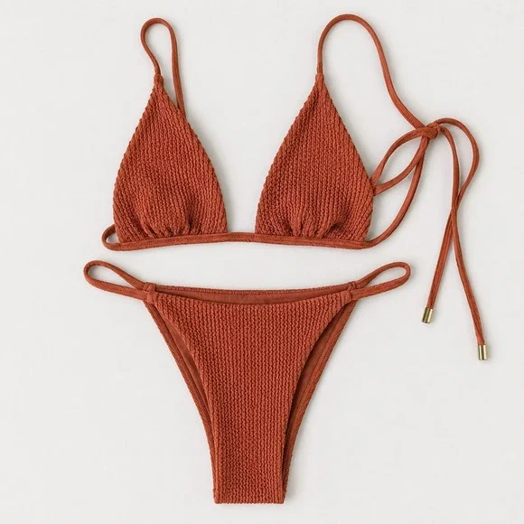 Monday Swimwear Bikini Set Women P/M Rust Brown Crinkle Triangle High Leg 12073