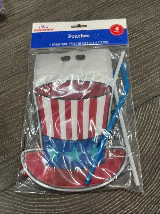 NWT Way to Celebrate! Patriotic Red & Blue Drink Pouches with Straws