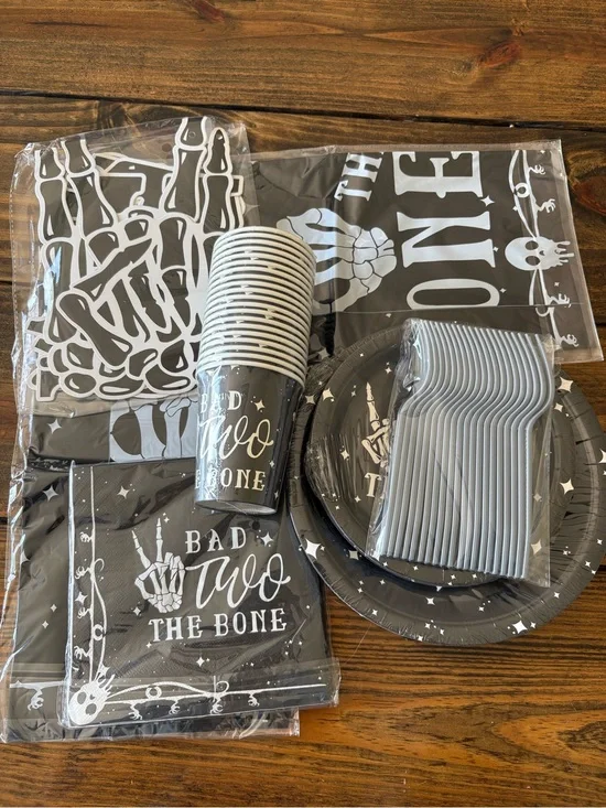 Halloween 'Bad to the Bone' Black Party Tableware Set