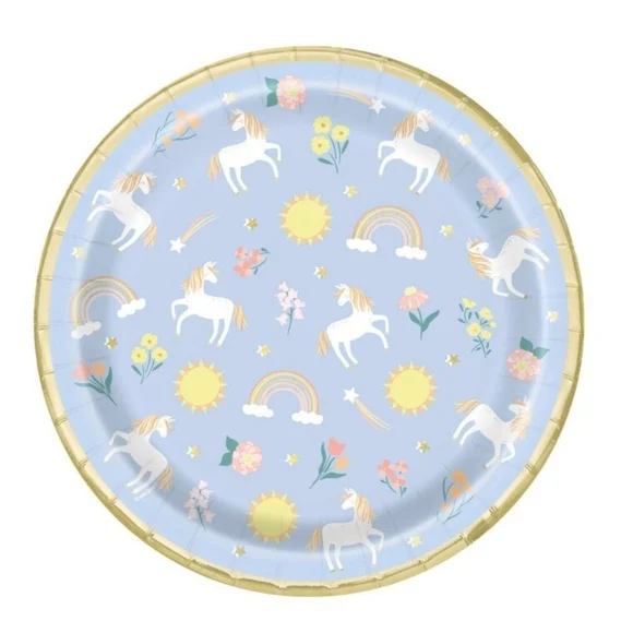 Unique Dainty Unicorn Party Paper Plates Blue Gold