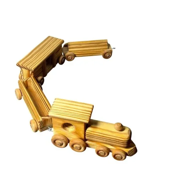 Wooden Train Set Kids Toy Wheeled Engine Cars Flatbed Caboose Wood Four Piece