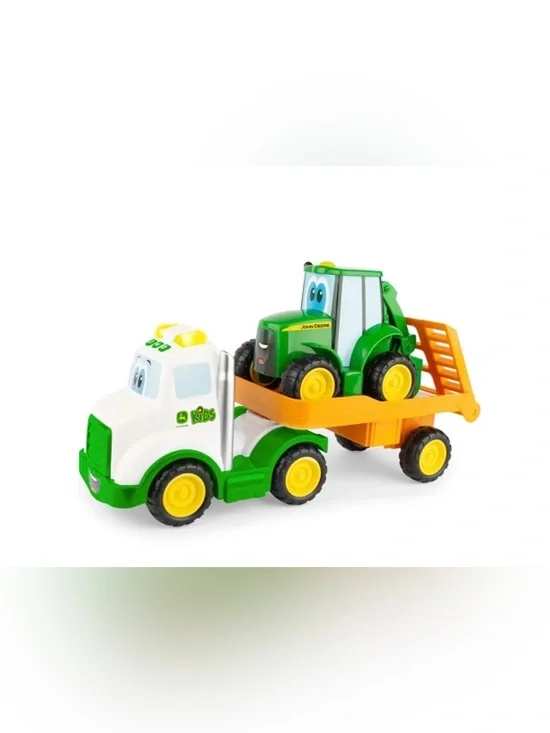 John Deere Green and Yellow Tractor with White and Orange Hauler Truck
