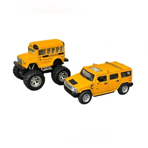 Two Diecast Pull Back & Rsce Vehicles: Kinsmart Hummer & School Bus