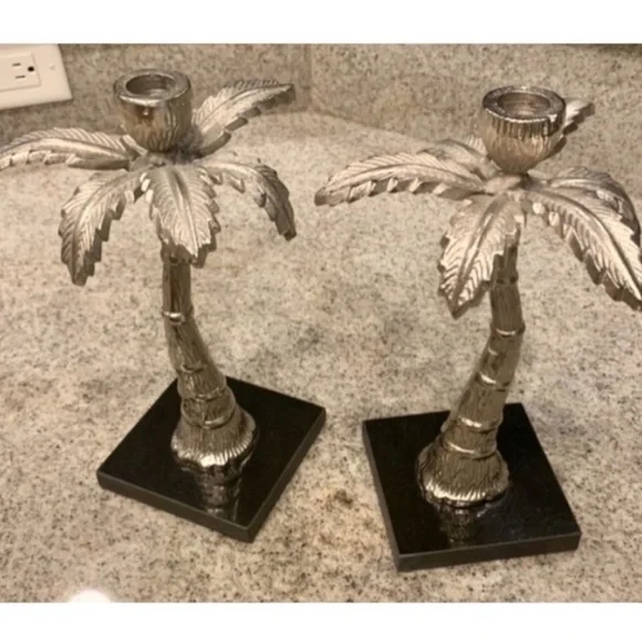 Pottery Barn Silver Palm Tree Candle Holders.