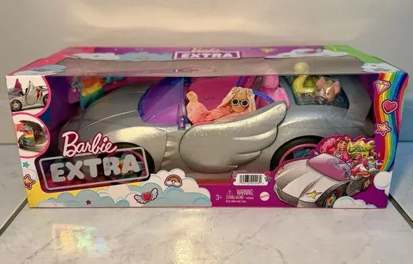 Barbie Car, Barbie Extra Set, Sparkly Silver 2-Seater Toy Convertible with Puppy