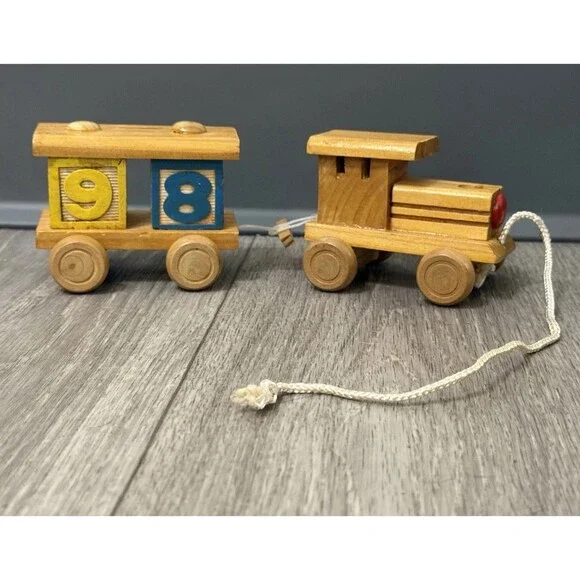 VINTAGE HAND MADE WOODEN TRAIN & CAR WITH BLOCKS STURDY Pull Toy