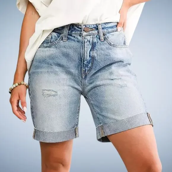 BKE Parker Cuffed High Rise Distressed Bermuda Denim Shorts Size 25