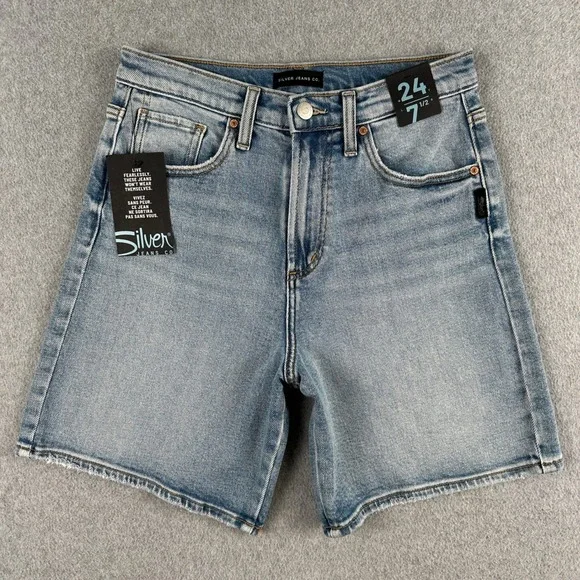 NEW Silver Jean Shorts Denim Womens 24 Indigo Vintage Long High Rise Whisker NWT
