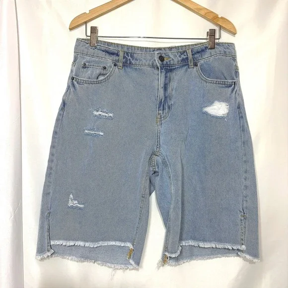 Future Collective Alani Noelle Distressed Denim Bermuda Shorts Light‎ Wash 10