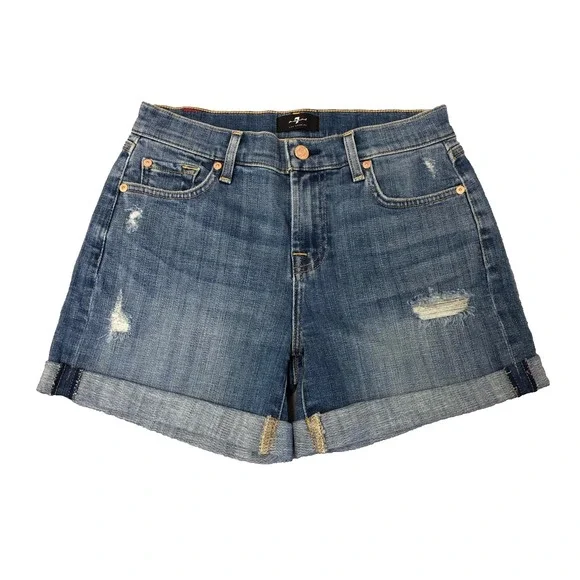 7 For All Mankind Mid Roll Short Womens 26 2 Blue Denim Distressed Festival