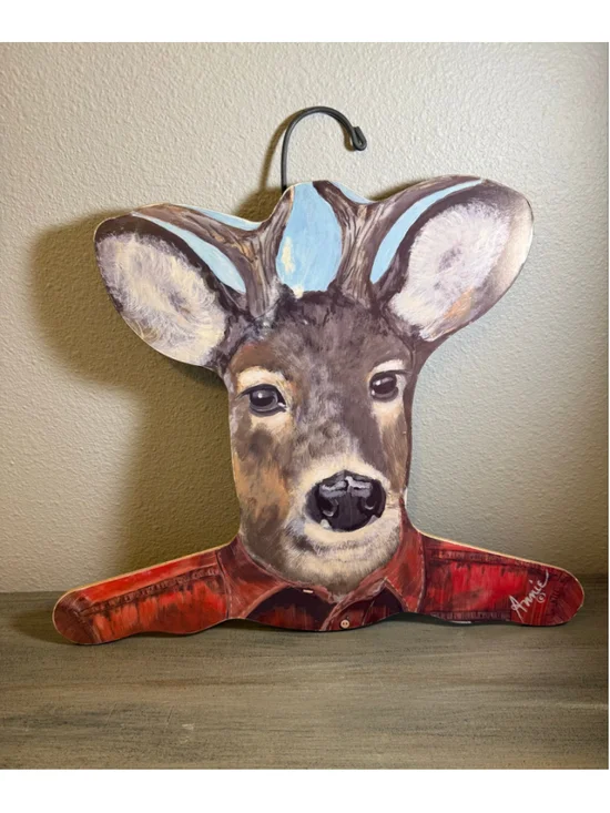 Vtg Wooden Deer Hanger Hand Painted Signed Folk Art Cabincore Lumberjack Buck