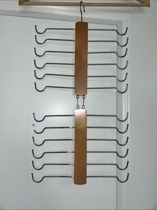 Multi-Tier Wooden and Chrome Scarf or Belt Organizer - Natural Wood