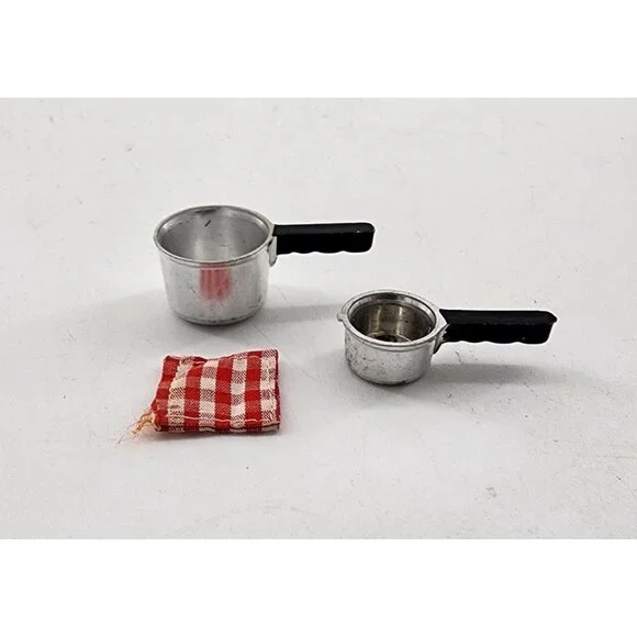Vtg 60s Barbie 2 Silver Pots/1 Pot Holder Learns To Cook #1634 Hostess Set #1034
