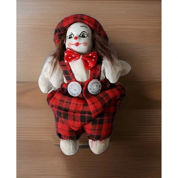 Vintage‎ Porcelain Clown Doll KMACHI Sand Bag Body Tartan Hat & Overalls  5