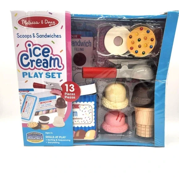 Melissa & Doug 13-Piece Wooden Ice Cream Sandwich & Scoop Set Pretend Play‎ Toy