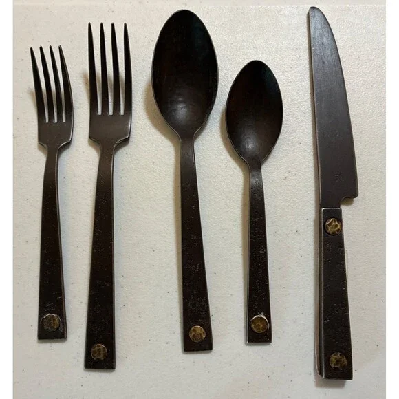 Restoration Hardware Hammered Steel Rivet Flatware Cutlery Set Blackened 5 pc