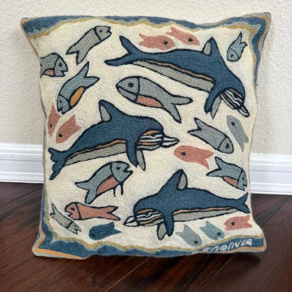 Restoration Hardware Wool‎ Crewel Dolphin Pillow 14x16 Coastal Ocean Fish Decor