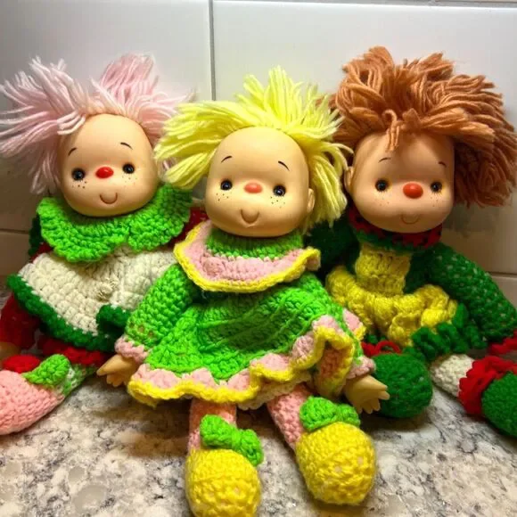 3 Vintage Crochet & Vinyl Dolls Retro Strawberry Lollipop Shortcake Style Yarn