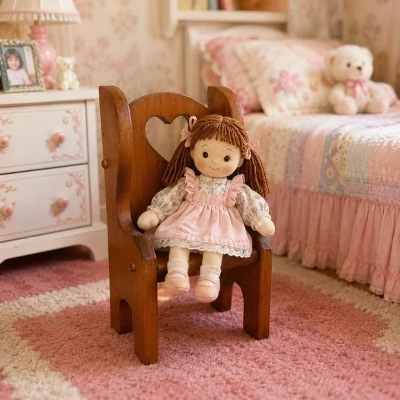VTG Wooden Doll Chair with Heart Cutout Child's Toy Doll Furniture 80s cottage