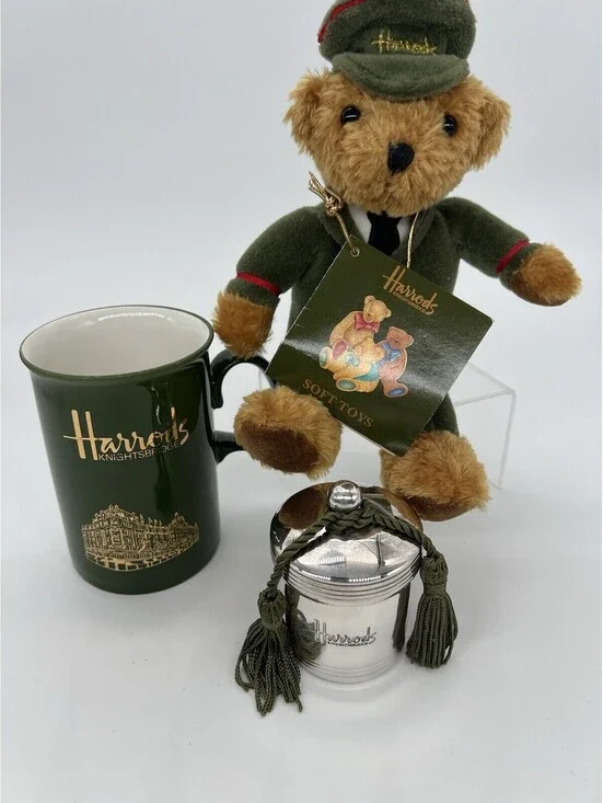 Vintage Lot Of 3 Harrods Souvenirs Teddy Bear, Mug, Silver Candle London England