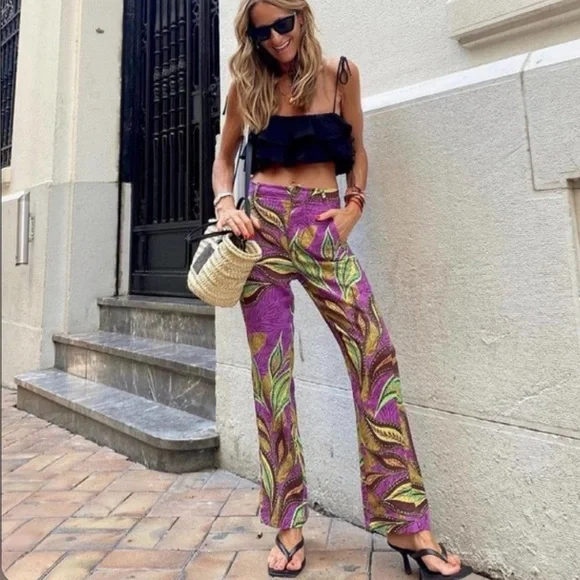 Zara Purple Leaf-Print Flared linen Pants S