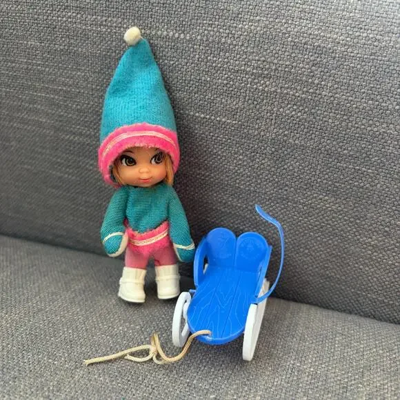Vintage Liddle Kiddles Freezy Sliddle Doll, Clothes, Sled 1960s