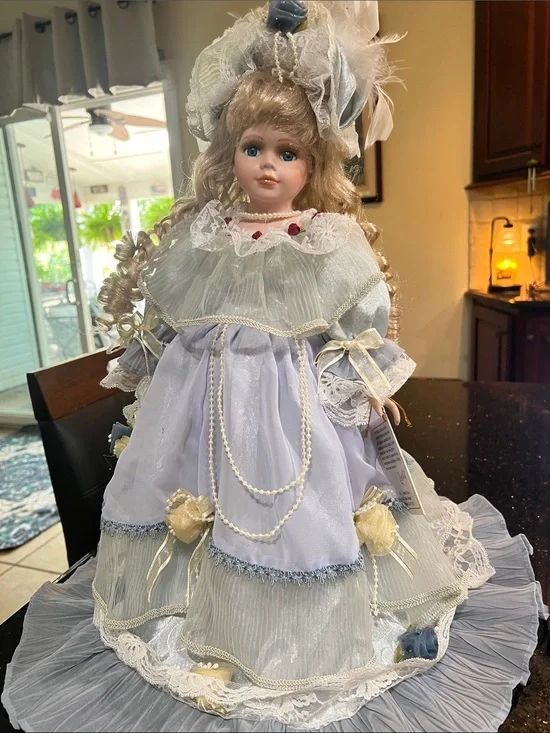 Victorian-Style Porcelain Doll in Light Lavender and Cream