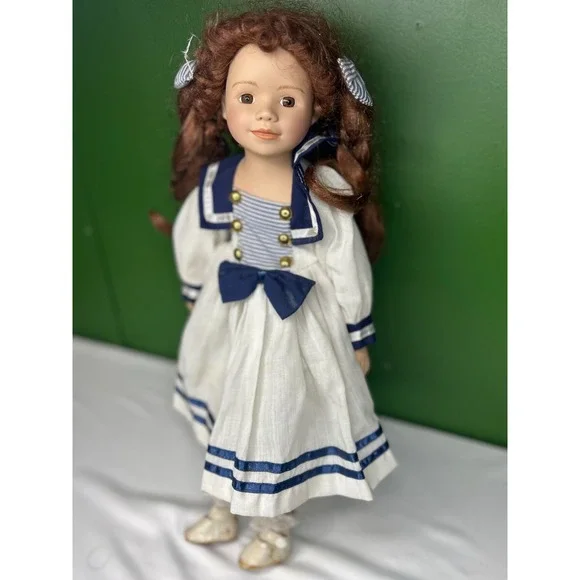 Vintage Porcelain Collector Doll Auburn Hair Nautical Sailor Dress Navy White