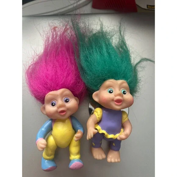 Vintage Russ Berrie Troll Dolls Set of 2 Pink Teal Hair 3 Inch PVC Figures