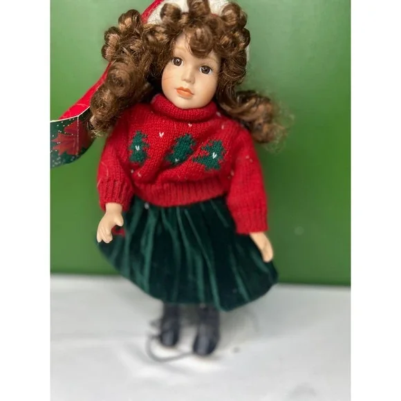 Cracker Barrel Christmas Porcelain Doll Red Sweater Green Velvet Skirt Hat NWT