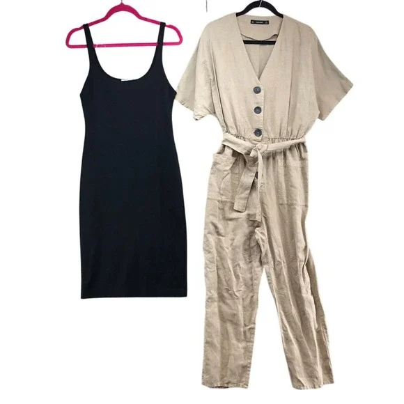 Zara Jumpsuit Dress Bundle Womens Large Beige Black Linen Blend Belted Summer
