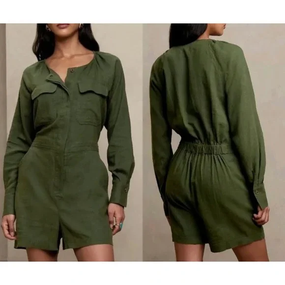 Banana‎ Republic Olive Green Linen Blend Utility Romper Large Petite LP