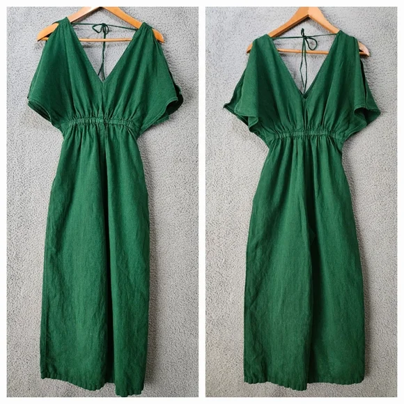 Zara Green Linen Crop Jumpsuit XS Wide Leg V-Neck Tie Back Short Sleeve Boho