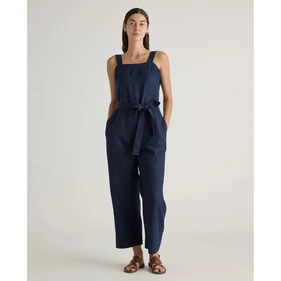 Quince 100% European Linen Square Neck Jumpsuit Deep Navy Size Large