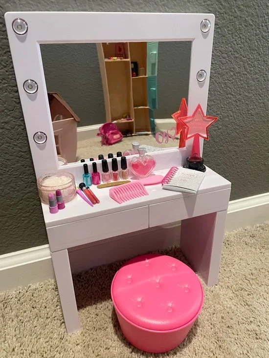 Doll Size Pink Light-Up Toy Vanity Playset with Stool and Accessories