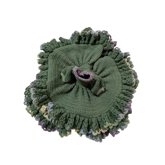 Vintage Handmade Crochet Doll Dress Green Ruffled Knit Skirt 21 Inch Diameter