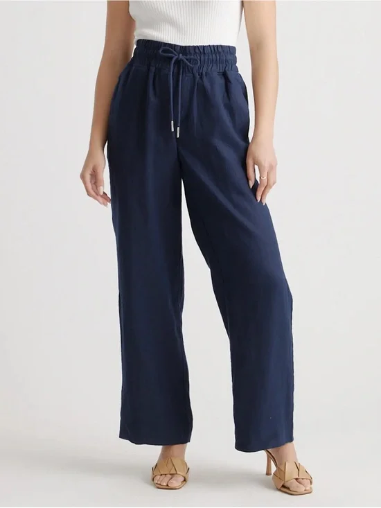 Quince Navy Wide-Leg Drawstring Linen-Blend Pants