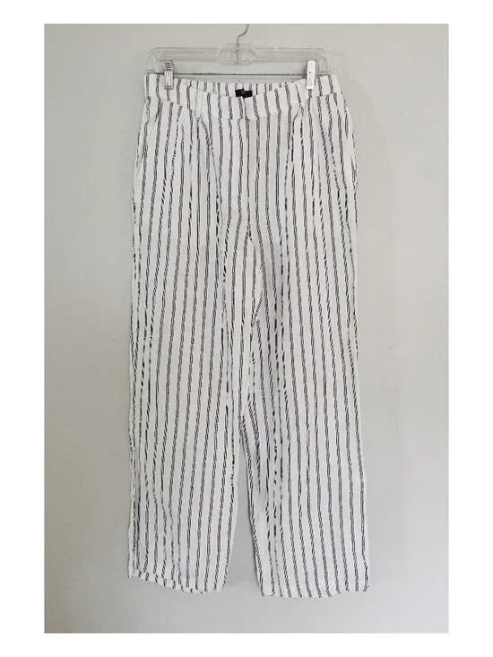 Quince Sz 8 Euro Linen Pleated Trousers White with Black Stripe