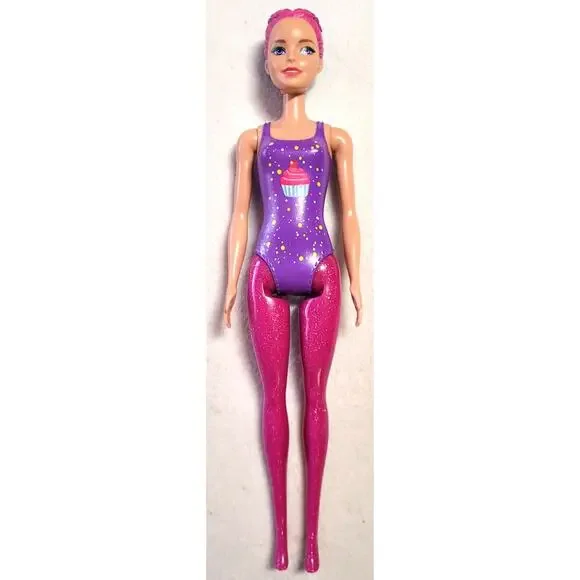 2021 Barbie Color Reveal Glitter Doll Cupcake Molded Swimsuit Pink Glitter Legs