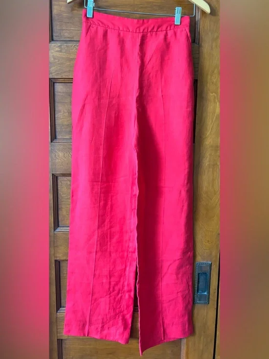 Zara Red Wide-Leg Linen Pants